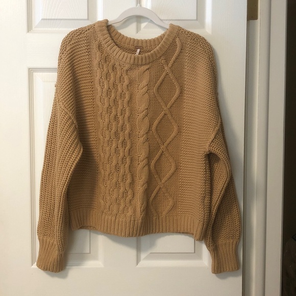Womens Free People Dream Cable Crewneck Sweater sz S camel / tan - Picture 5 of 9